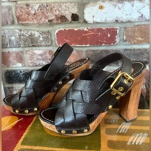 Tory Burch Dark Brown Leather Woven Platform Sandals with Gold Buckle